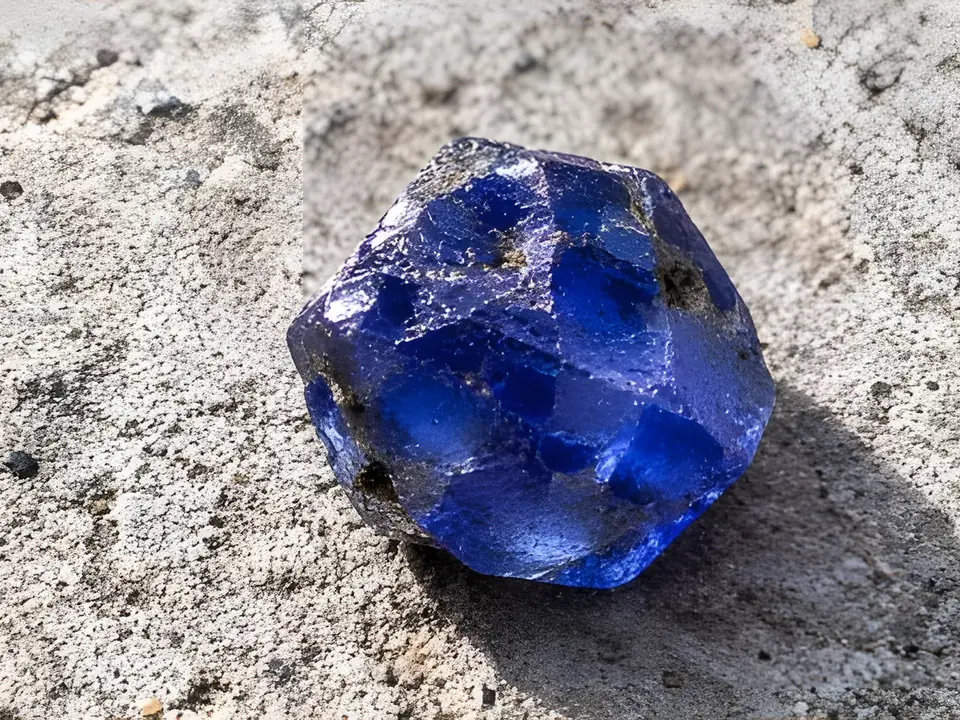 Blauer Saphir-Rohkristall auf Kies