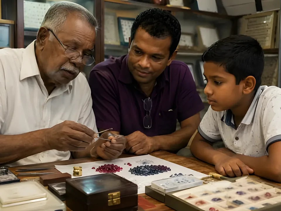Edelsteinhändler begutachten Saphire in Sri Lanka